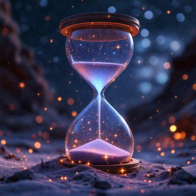 The primary subject of the image is a large, lit-up sand timer, which is placed on a sandy surface. The setting is a dark, possibly nighttime, environment, with a backdrop of a starry sky. The visual style of the image is a combination of photo and digital art, creating a unique and captivating scene. The colors and mood of the image are predominantly dark and mysterious, with the lit-up sand timer serving as a focal point and a source of light in the otherwise dark